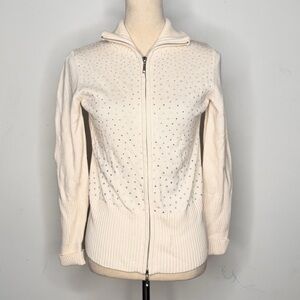 Boston Proper Cream Cardigan Sweater Zip-Up with Rhinestone Accents Size M